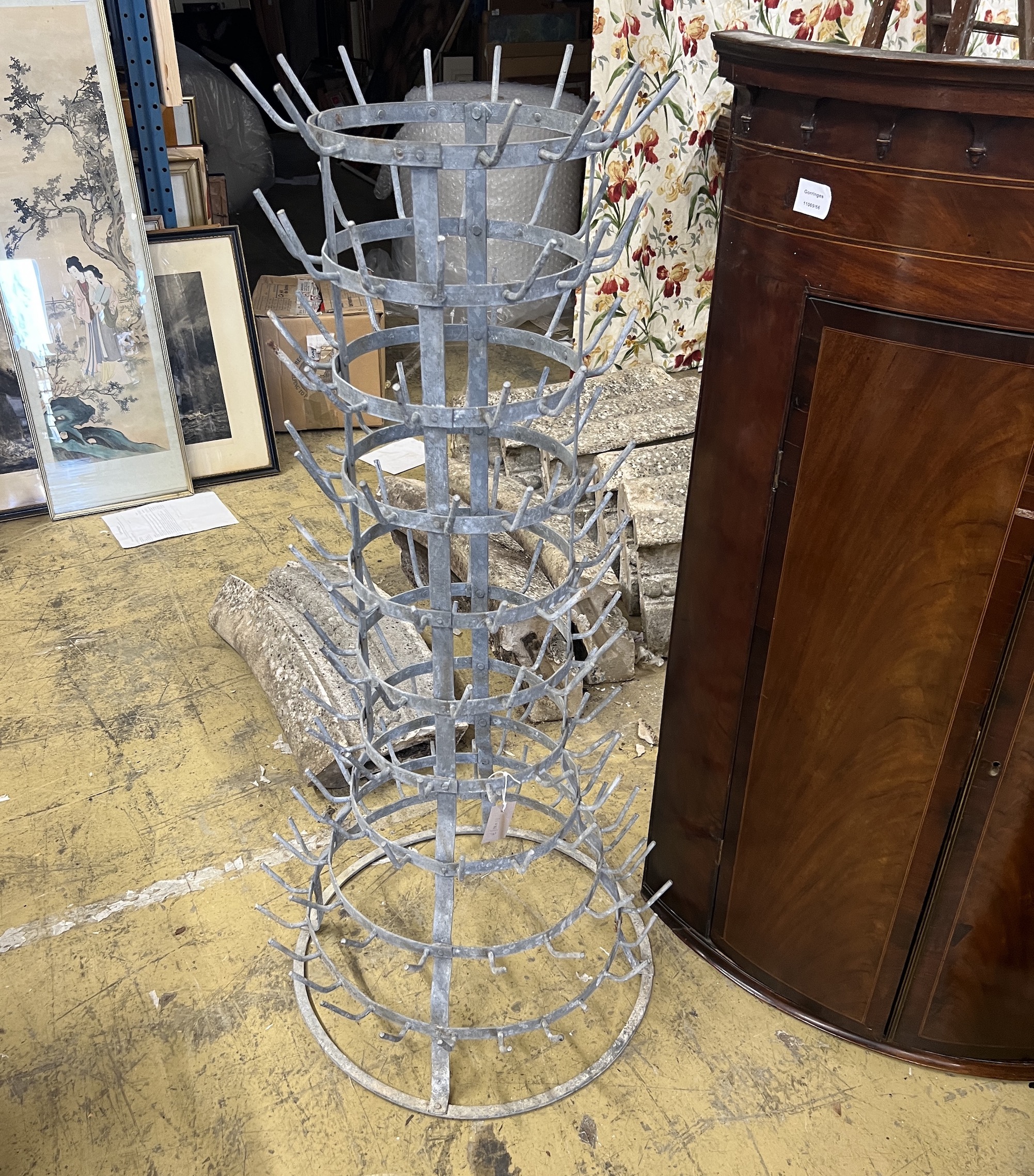 A French vintage galvanised wine bottle drying rack, height 120cm